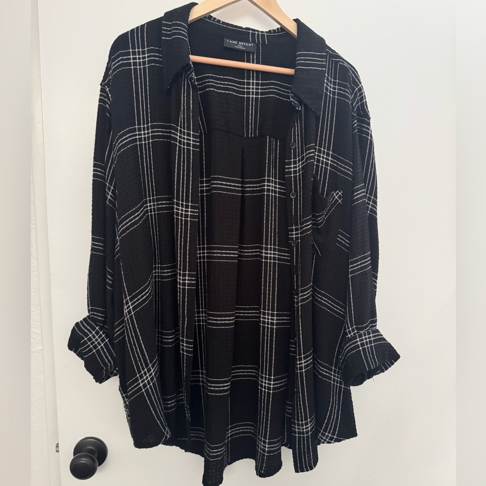 Lane Bryant Black Plaid Button Down Tunic Blouse Size 22/24 Lightweight